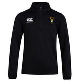 The South Side Irish 50th Anniversary Club 1/4 Zip Mid Layer Training Top by EMB Canterbury is a black long-sleeve rugby top with a Canterbury logo on the right chest and an embroidered crest on the left.