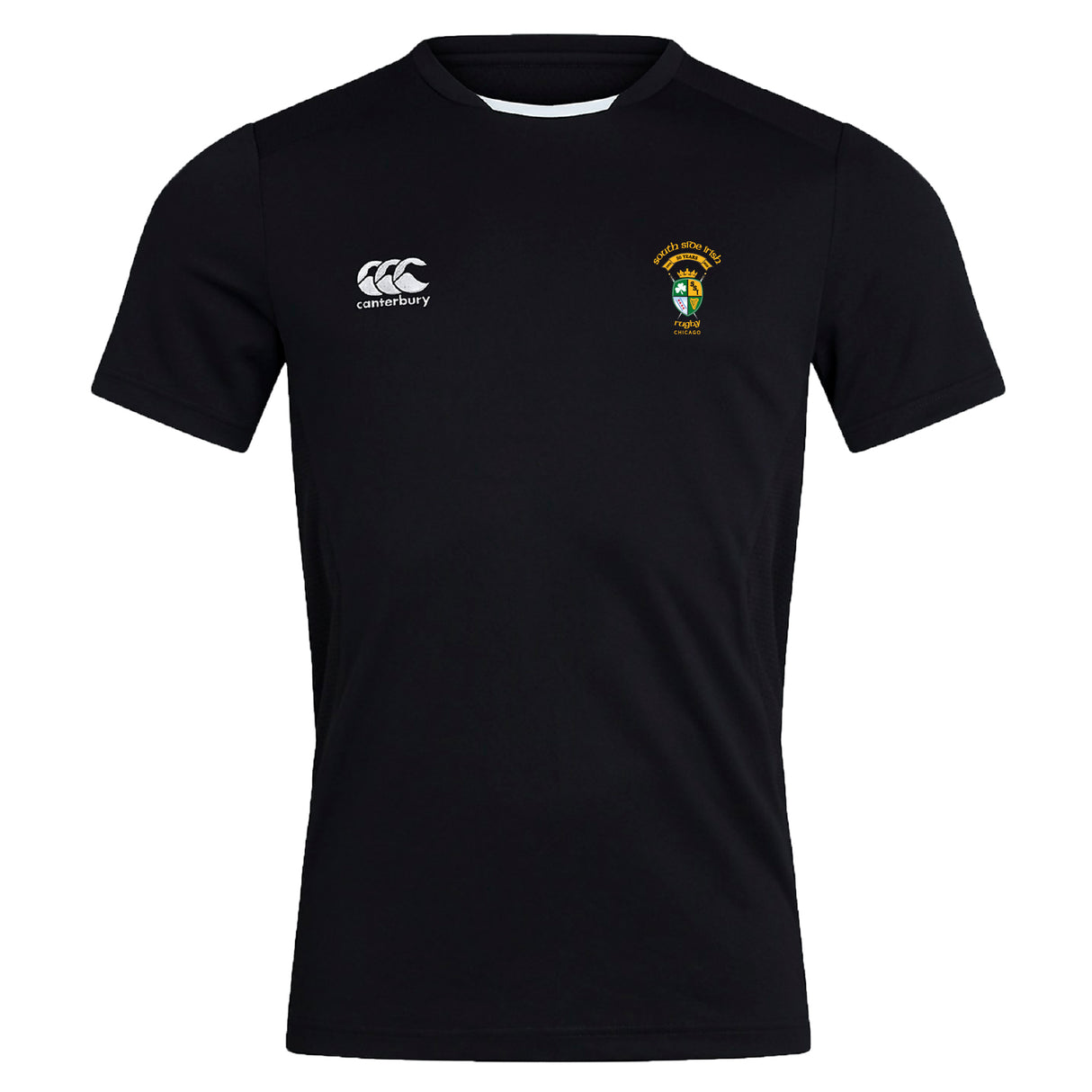 The EMB Canterbury South Side Irish 50th Anniversary Club Dry Tee is a black short-sleeve shirt with a white "Canterbury" logo, colorful chest badge, and Vapodri Technology to keep you cool and comfortable.