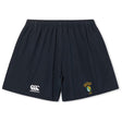 The EMB Canterbury South Side Irish 50th Anniversary Yokohama Short is navy blue with an elastic waistband, a white Canterbury rugby logo on the left, and an embroidered school crest on the right.