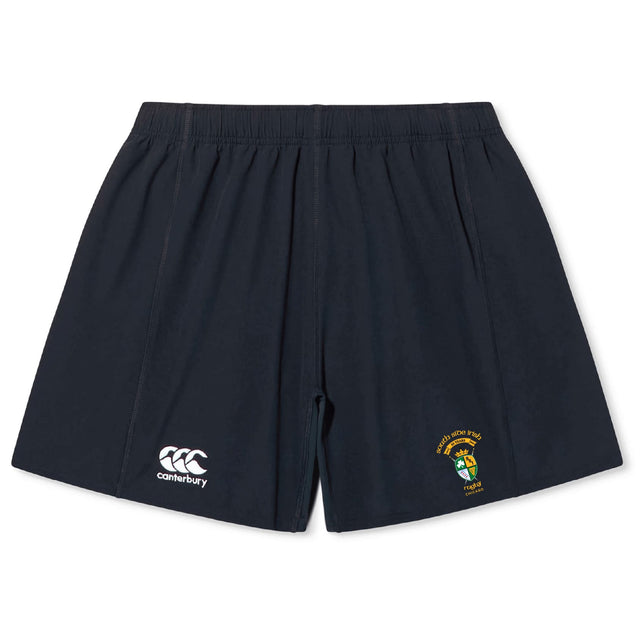 The EMB Canterbury South Side Irish 50th Anniversary Yokohama Short is navy blue with an elastic waistband, a white Canterbury rugby logo on the left, and an embroidered school crest on the right.