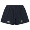 The EMB Canterbury South Side Irish 50th Anniversary Yokohama Short is navy blue with an elastic waistband, a white Canterbury rugby logo on the left, and an embroidered school crest on the right.