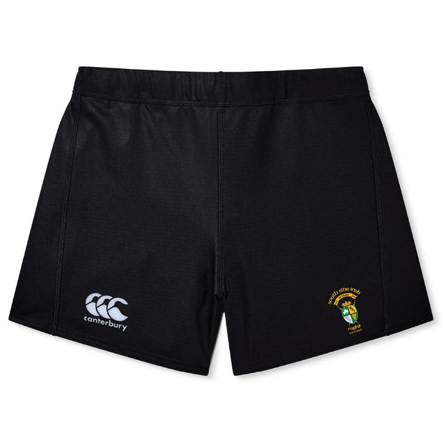 The South Side Irish 50th Anniversary Women's Yokohama Short by EMB Canterbury features a left-leg logo, a yellow and green crest with text on the right, and is ideal for women's rugby performance and style.