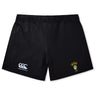 The South Side Irish 50th Anniversary Women's Yokohama Short by EMB Canterbury features a left-leg logo, a yellow and green crest with text on the right, and is ideal for women's rugby performance and style.