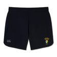 The South Side Irish 50th Anniversary Women's Elite Woven Short by EMB Canterbury features black fabric, a small embroidered emblem on the right leg, a white logo on the left, and secure zippered pockets.