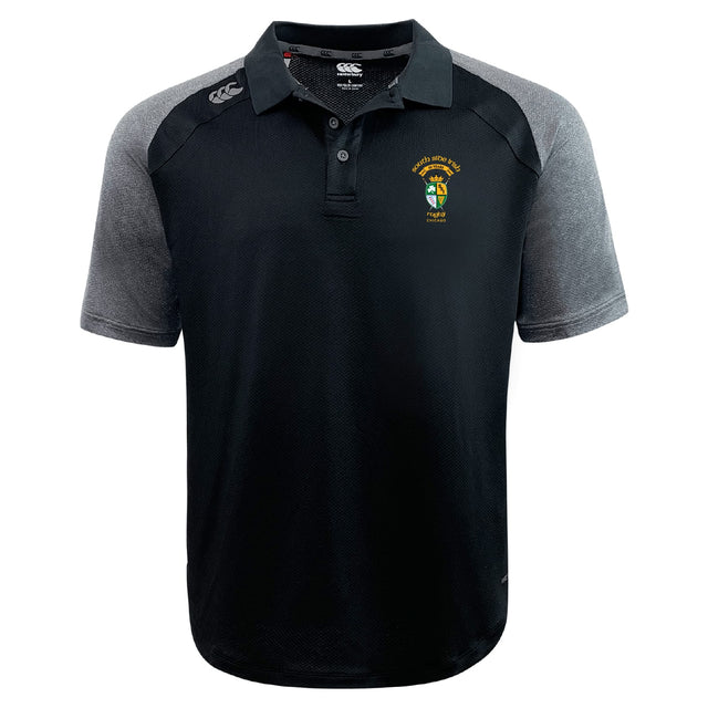 The South Side Irish 50th Anniversary Elite Polo by EMB Canterbury features black and gray Vapodri fabric for a lightweight, durable fit, a collar, button placket, and an embroidered crest on the left chest.
