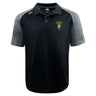 The South Side Irish 50th Anniversary Elite Polo by EMB Canterbury features black and gray Vapodri fabric for a lightweight, durable fit, a collar, button placket, and an embroidered crest on the left chest.