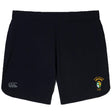 A pair of black South Side Irish 50th Anniversary Elite Woven Shorts by EMB Canterbury, featuring zippered pockets, the Canterbury logo on the left leg, and an embroidered crest with "Rugby" on the right leg.