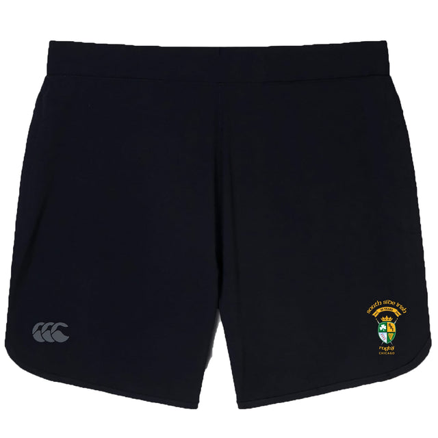 A pair of black South Side Irish 50th Anniversary Elite Woven Shorts by EMB Canterbury, featuring zippered pockets, the Canterbury logo on the left leg, and an embroidered crest with "Rugby" on the right leg.