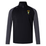 The South Side Irish 50th Anniversary Elite First Layer by EMB Canterbury is a black and gray long-sleeve training top with an embroidered crest, yellow left chest text, and a stand-up collar.