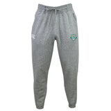 The Shoreline Spartans Leisure Sweatpant by EMB Canterbury is made of organic cotton, featuring an elastic waistband and adjustable drawstring for comfort. A stylish logo is on the upper right and thigh.