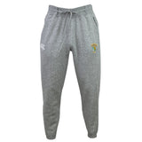 The South Side Irish 50th Anniversary Leisure Sweatpant by EMB Canterbury features gray organic cotton fabric, a drawstring waistband, two side pockets, a white logo on the left thigh, and a colorful patch on the right.
