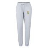 The South Side Irish 50th Anniversary Women's Leisure Sweatpant by EMB Canterbury features light grey organic cotton, a drawstring waist, small white logo on the right, and a colorful crest on the left thigh—perfect for relaxing.