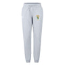 The South Side Irish 50th Anniversary Women's Leisure Sweatpant by EMB Canterbury features light grey organic cotton, a drawstring waist, small white logo on the right, and a colorful crest on the left thigh—perfect for relaxing.
