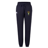 The South Side Irish 50th Anniversary Women's Leisure Sweatpant by EMB Canterbury features a navy blue design, drawstring waist, white logo on the left thigh, and an embroidered crest with yellow text on the right thigh.