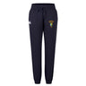 The South Side Irish 50th Anniversary Women's Leisure Sweatpant by EMB Canterbury features a navy blue design, drawstring waist, white logo on the left thigh, and an embroidered crest with yellow text on the right thigh.