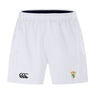 The EMB Canterbury South Side Irish 50th Anniversary Advantage Short 2.0 features an elastic waistband, the Canterbury logo on the left leg, and a special crest on the right—performance shorts crafted for comfort and style.
