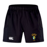 The EMB Canterbury South Side Irish 50th Anniversary Advantage Short 2.0 features black performance fabric, an elastic waistband, a white Canterbury logo on the left leg, and a South Side Irish Rugby Club crest on the right.