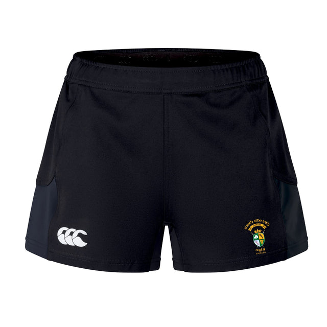 The South Side Irish 50th Anniversary Women's Advantage Short 2.0 by EMB Canterbury features a left-leg Canterbury logo and a right-leg badge, making these performance shorts ideal for rugby or workouts.