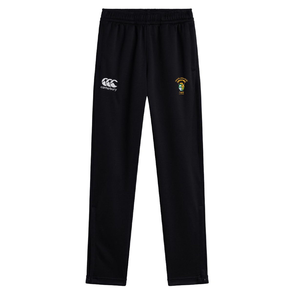 South Side Irish 50th Anniversary Stretch Tapered Pant by EMB Canterbury features a white Canterbury logo and embroidered crest, plus quick-dry fabric for comfort—ideal men's workout pants.