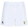 The South Side Irish 50th Anniversary Professional Polyester Rugby Short by EMB Canterbury features an elastic waistband, Canterbury logo on the left leg, and a green and yellow crest on the right leg.