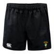 The South Side Irish 50th Anniversary Advantage Rugby Shorts by EMB Canterbury are black athletic shorts with an elastic waistband, CCC logo, and a green and yellow embroidered crest on the front.