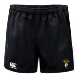The South Side Irish 50th Anniversary Advantage Rugby Shorts by EMB Canterbury are black athletic shorts with an elastic waistband, CCC logo, and a green and yellow embroidered crest on the front.