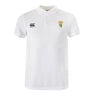 The EMB Canterbury South Side Irish 50th Anniversary Waimak Polo is a white short-sleeve rugby polo with a three-button collar, black Canterbury logo, and colorful embroidered crest—classic style by Canterbury.