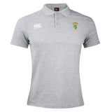 The EMB Canterbury South Side Irish 50th Anniversary Waimak Polo features light grey fabric, short sleeves, a classic collar with three buttons, and two embroidered chest logos.