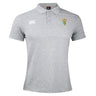 The EMB Canterbury South Side Irish 50th Anniversary Waimak Polo features light grey fabric, short sleeves, a classic collar with three buttons, and two embroidered chest logos.