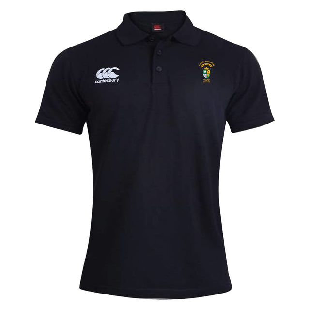 The South Side Irish 50th Anniversary Waimak Polo by EMB Canterbury is a black men's rugby polo with a white Canterbury logo on the right chest and an embroidered crest on the left, blending classic style with sporty appeal.