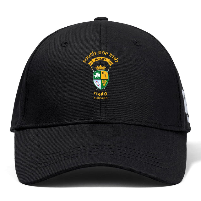 The South Side Irish 50th Anniversary Flexfit Drill Cap by EMB Canterbury features the Chicago crest and "50 Years" embroidered on the front.