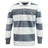 The EMB Mudoo South Side Irish 50th Anniversary Classic Long Sleeve Hooped Rugby Jersey features wide gray and white stripes, a white collar, and an embroidered crest for a timeless vintage rugby look.