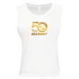Celebrate USA Rugby's 50th Anniversary in the Women's USA Rugby 50th Anniversary Cotton Muscle Crop Tank by WRS S&S Activewear, featuring a white cotton design with a gold "50 USA Rugby" rugby ball and eagle logo on the chest.