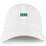 The Siena College Adult Low-Profile Cotton Twill Dad Cap by EMB S&S Activewear features "Siena Rugby" embroidered in green and white on the front with a classic low-profile design.