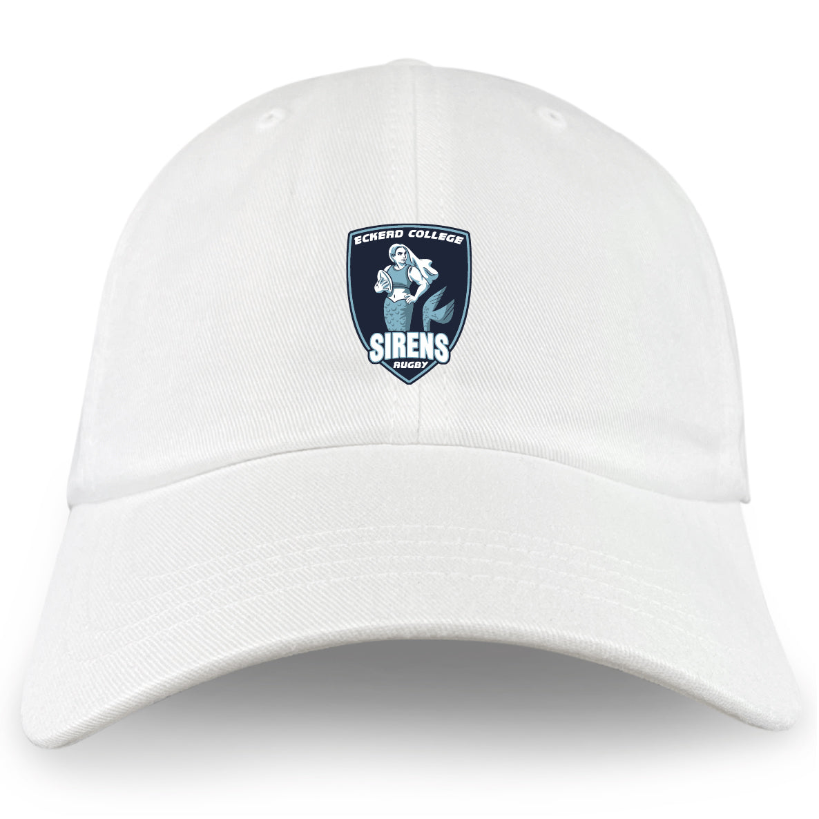 The EMB S&S Activewear Eckerd College Adult Low-Profile Cotton Twill Dad Cap features embroidered Sirens Rugby team branding on the front center panel.