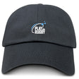 The Play Rugby USA Adult Low-Profile Cotton Twill Dad Cap by EMB S&S Activewear features black cotton twill, with "PLAY USA RUGBY" and a stylized rugby ball logo embroidered in white and blue on the front.