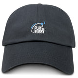 The Play Rugby USA Adult Low-Profile Cotton Twill Dad Cap by EMB S&S Activewear features black cotton twill, with "PLAY USA RUGBY" and a stylized rugby ball logo embroidered in white and blue on the front.