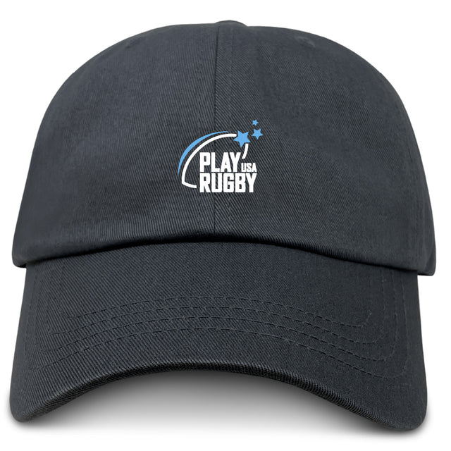 The Play Rugby USA Adult Low-Profile Cotton Twill Dad Cap by EMB S&S Activewear features black cotton twill, with "PLAY USA RUGBY" and a stylized rugby ball logo embroidered in white and blue on the front.