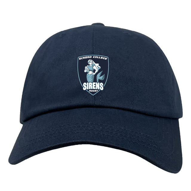 The EMB S&S Activewear Eckerd College Adult Low-Profile Cotton Twill Dad Cap in navy features the Sirens Rugby team logo embroidered on the front.