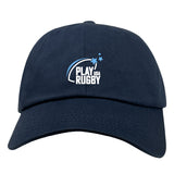 The Play Rugby USA Adult Low-Profile Cotton Twill Dad Cap by EMB S&S Activewear features "Play Rugby USA" embroidered with a swoosh and three stars on the front.