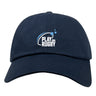 The Play Rugby USA Adult Low-Profile Cotton Twill Dad Cap by EMB S&S Activewear features "Play Rugby USA" embroidered with a swoosh and three stars on the front.