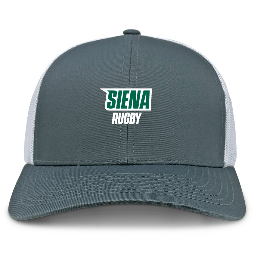 The Siena College Retro Trucker Cap by EMB S&S Activewear features a gray and white design with "Siena Rugby" in green and white on the front, plus a comfy snapback closure for adjustable fit.