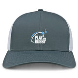 The Play Rugby USA Retro Trucker Cap by EMB S&S Activewear features a gray and white design, an embroidered white and blue logo with a rugby ball and three stars, plus an adjustable snapback for comfort.