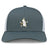 The Five Star Rugby Retro Trucker Cap by EMB S&S Activewear is a gray and white snapback hat featuring an embroidered cartoon golf bag with clubs and stars on the front.