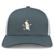 The Five Star Rugby Retro Trucker Cap by EMB S&S Activewear is a gray and white snapback hat featuring an embroidered cartoon golf bag with clubs and stars on the front.