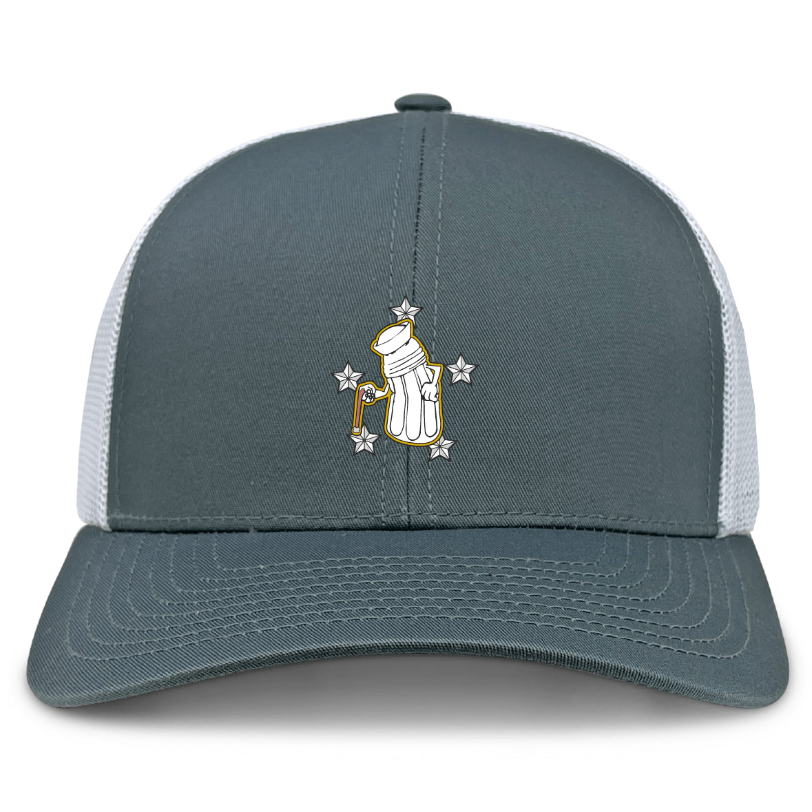 The Five Star Rugby Retro Trucker Cap by EMB S&S Activewear is a gray and white snapback hat featuring an embroidered cartoon golf bag with clubs and stars on the front.