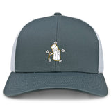 The Five Star Rugby Retro Trucker Cap by EMB S&S Activewear is a gray and white snapback hat featuring an embroidered cartoon golf bag with clubs and stars on the front.