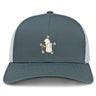 The Five Star Rugby Retro Trucker Cap by EMB S&S Activewear is a gray and white snapback hat featuring an embroidered cartoon golf bag with clubs and stars on the front.