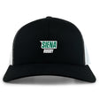 The Siena College Retro Trucker Cap by EMB S&S Activewear features black and white colors, "Siena Rugby" embroidered in green and white, and a snapback closure for adjustable fit.