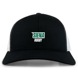 The Siena College Retro Trucker Cap by EMB S&S Activewear features black and white colors, "Siena Rugby" embroidered in green and white, and a snapback closure for adjustable fit.